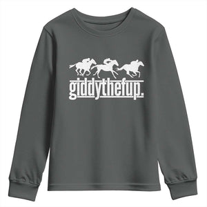 Funny Giddythefup Derby Day Youth Sweatshirt Vintage Giddy Up Horse Racing TS11 Dark Heather Print Your Wear