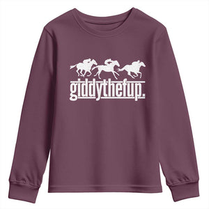 Funny Giddythefup Derby Day Youth Sweatshirt Vintage Giddy Up Horse Racing TS11 Maroon Print Your Wear