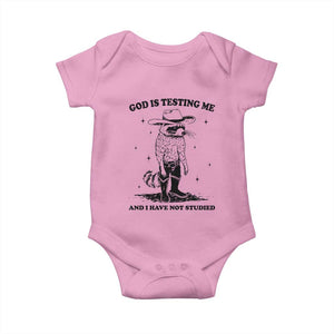 Funny God Is Testing Me And I Have Not Studied Baby Onesie Cowboy Racoon TS11 Light Pink Print Your Wear