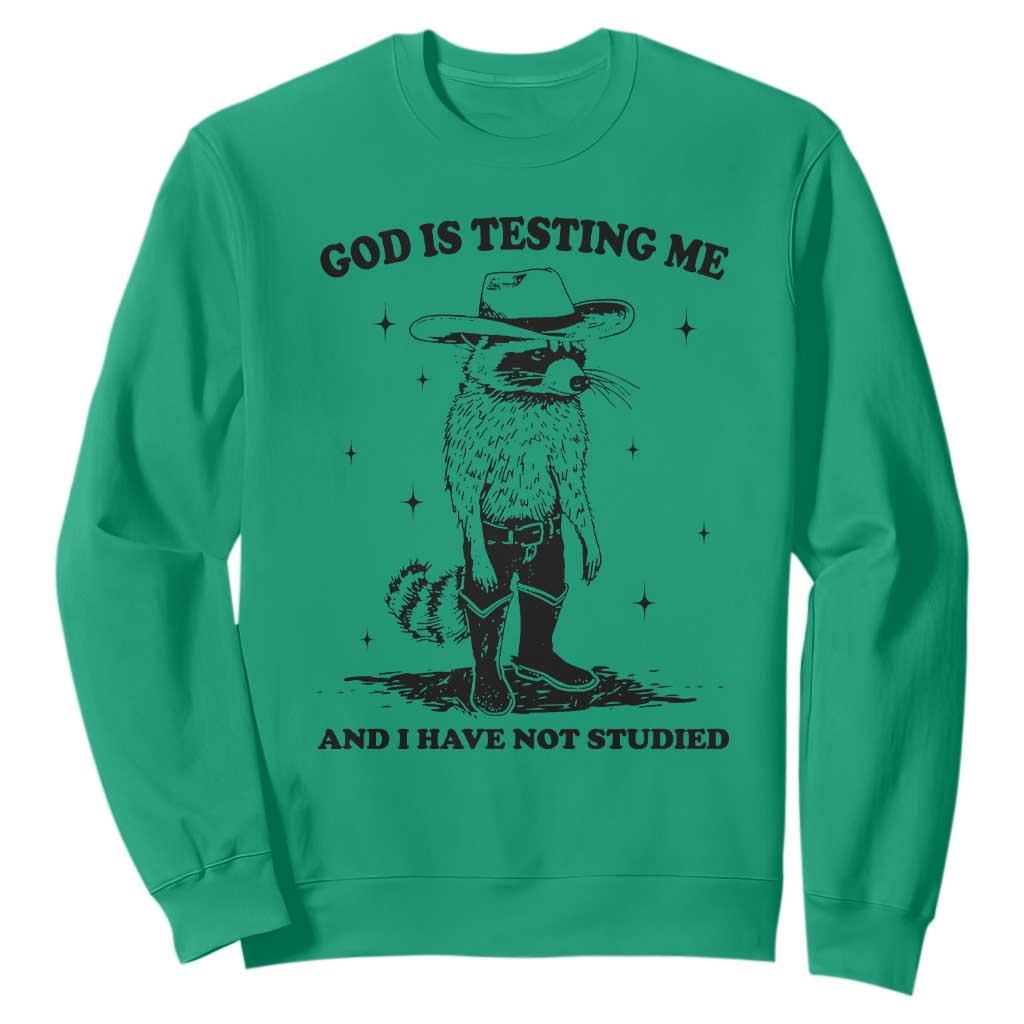 Funny God Is Testing Me And I Have Not Studied Sweatshirt Cowboy Racoon TS11 Irish Green Print Your Wear