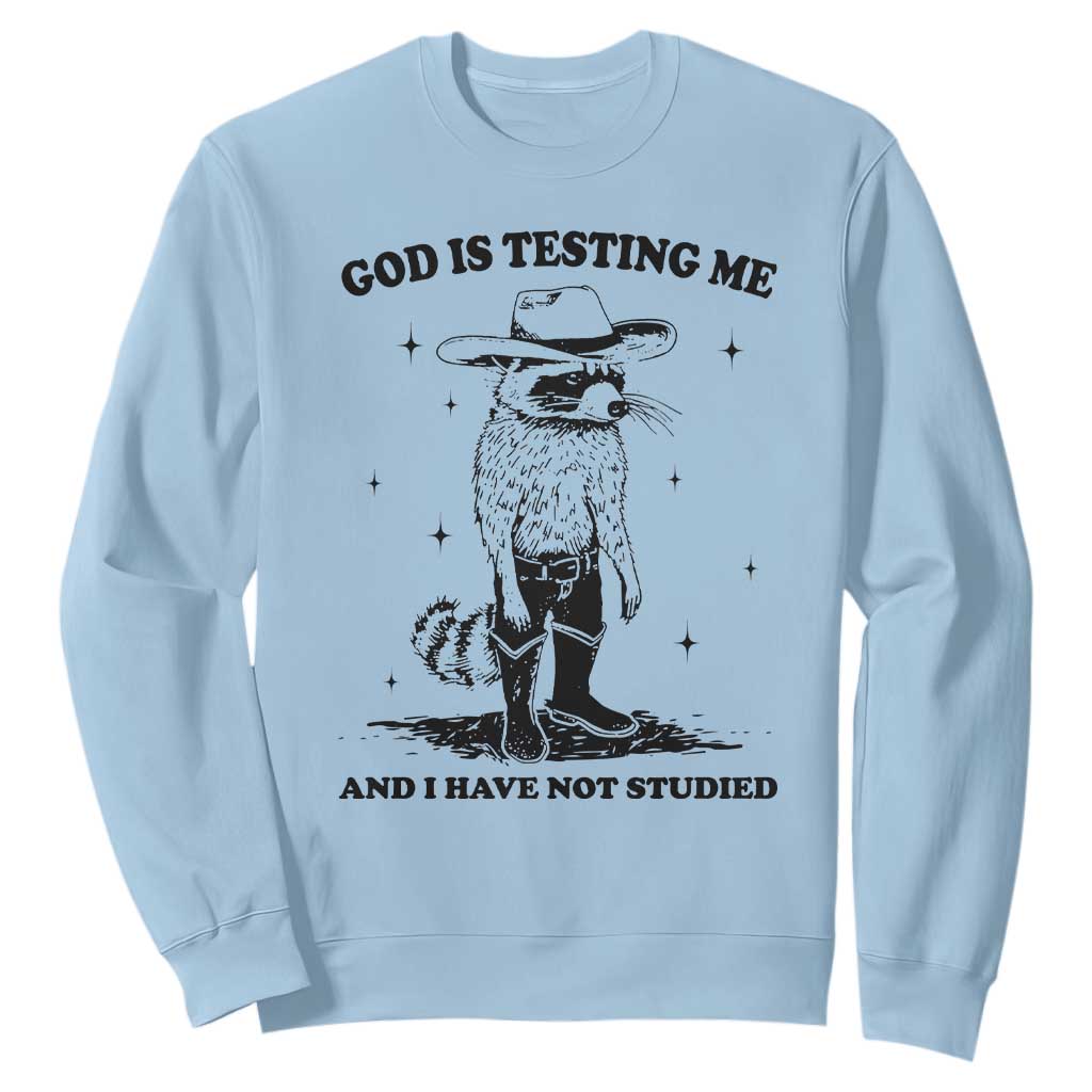Funny God Is Testing Me And I Have Not Studied Sweatshirt Cowboy Racoon TS11 Light Blue Print Your Wear