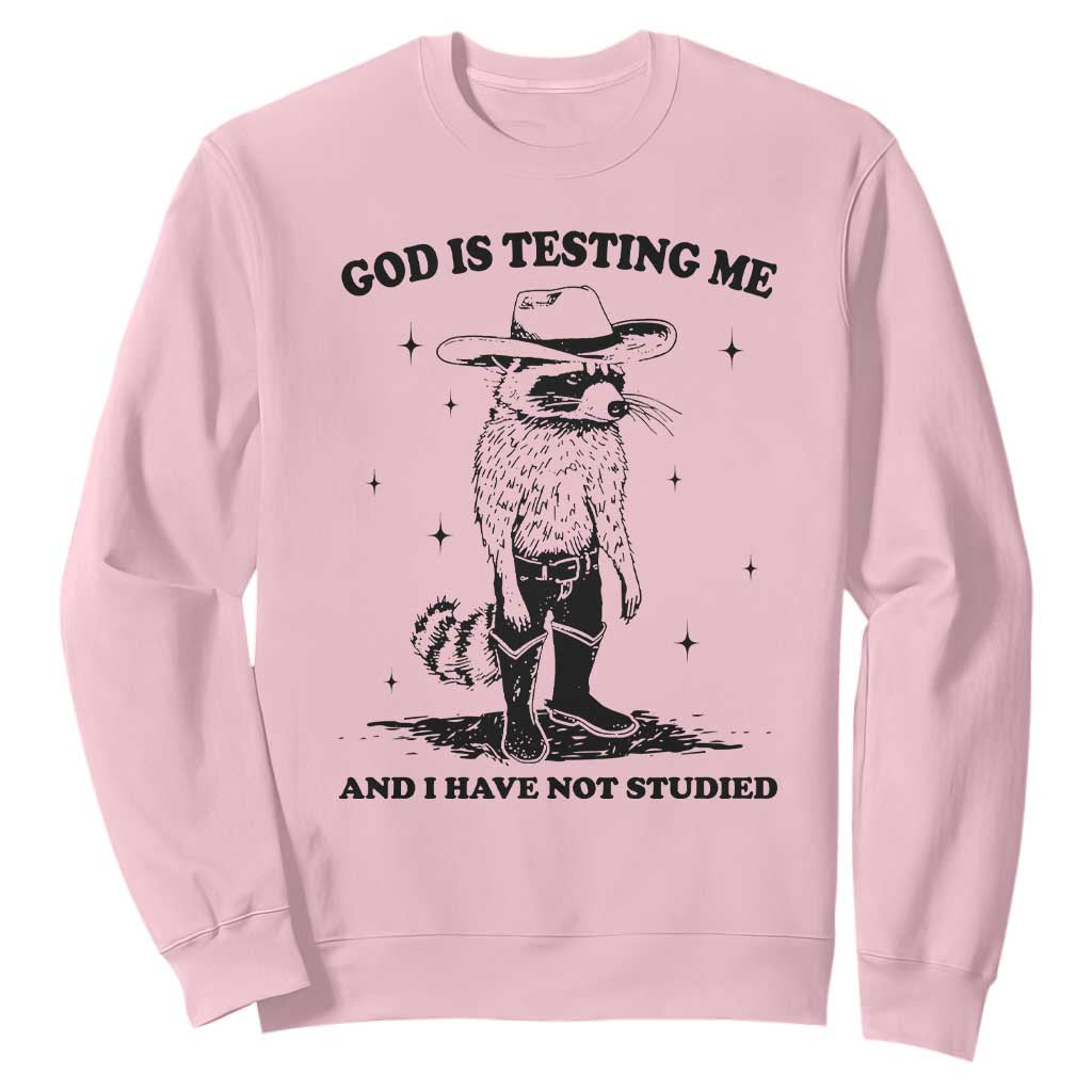 Funny God Is Testing Me And I Have Not Studied Sweatshirt Cowboy Racoon TS11 Light Pink Print Your Wear