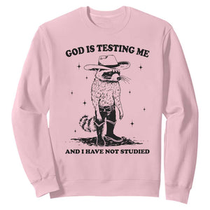 Funny God Is Testing Me And I Have Not Studied Sweatshirt Cowboy Racoon TS11 Light Pink Print Your Wear