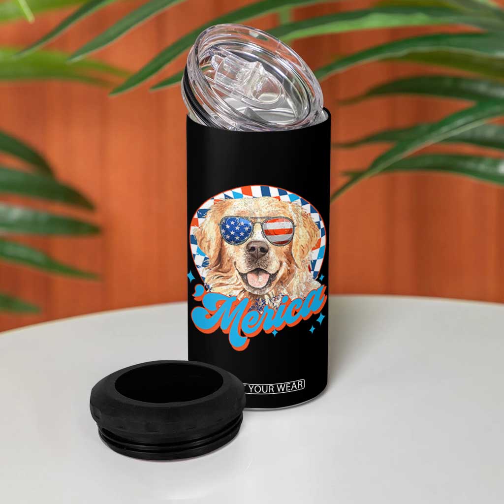 Funny Golden Retriever Merica 4 in 1 Can Cooler Tumbler 4th of July Dog Mom Dad Patriotic USA Retro 90s TS10 Print Your Wear
