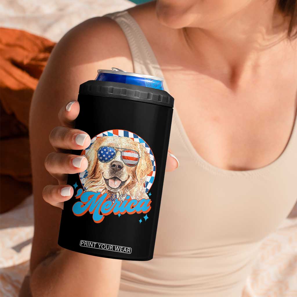 Funny Golden Retriever Merica 4 in 1 Can Cooler Tumbler 4th of July Dog Mom Dad Patriotic USA Retro 90s TS10 Print Your Wear