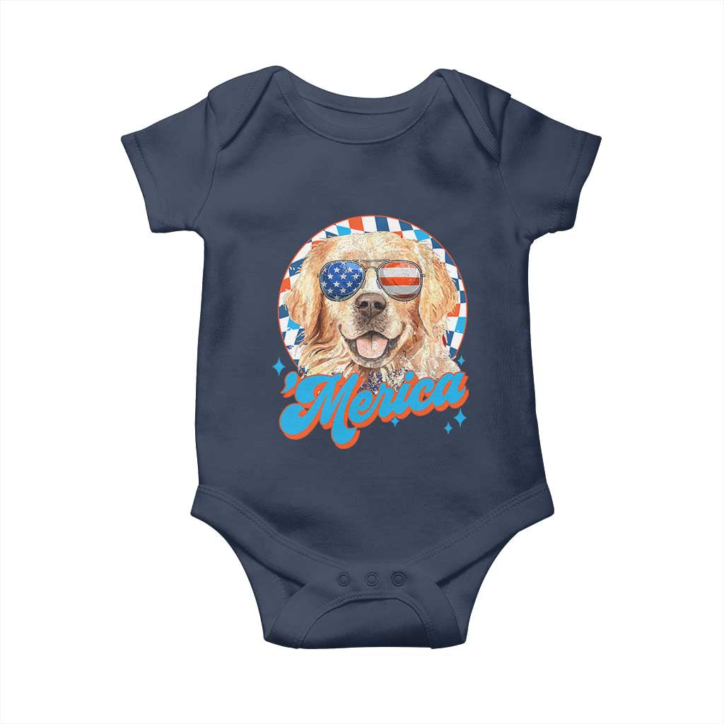 Funny Golden Retriever Merica Baby Onesie 4th of July Dog Mom Dad Patriotic USA Retro 90s TS10 Navy Print Your Wear