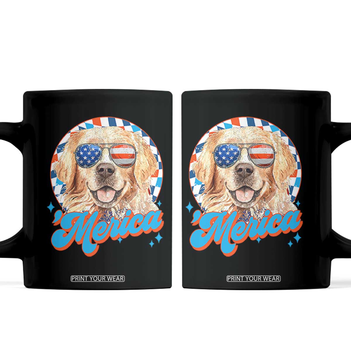 Funny Golden Retriever Merica Coffee Mug 4th of July Dog Mom Dad Patriotic USA Retro 90s TS10 Black Print Your Wear