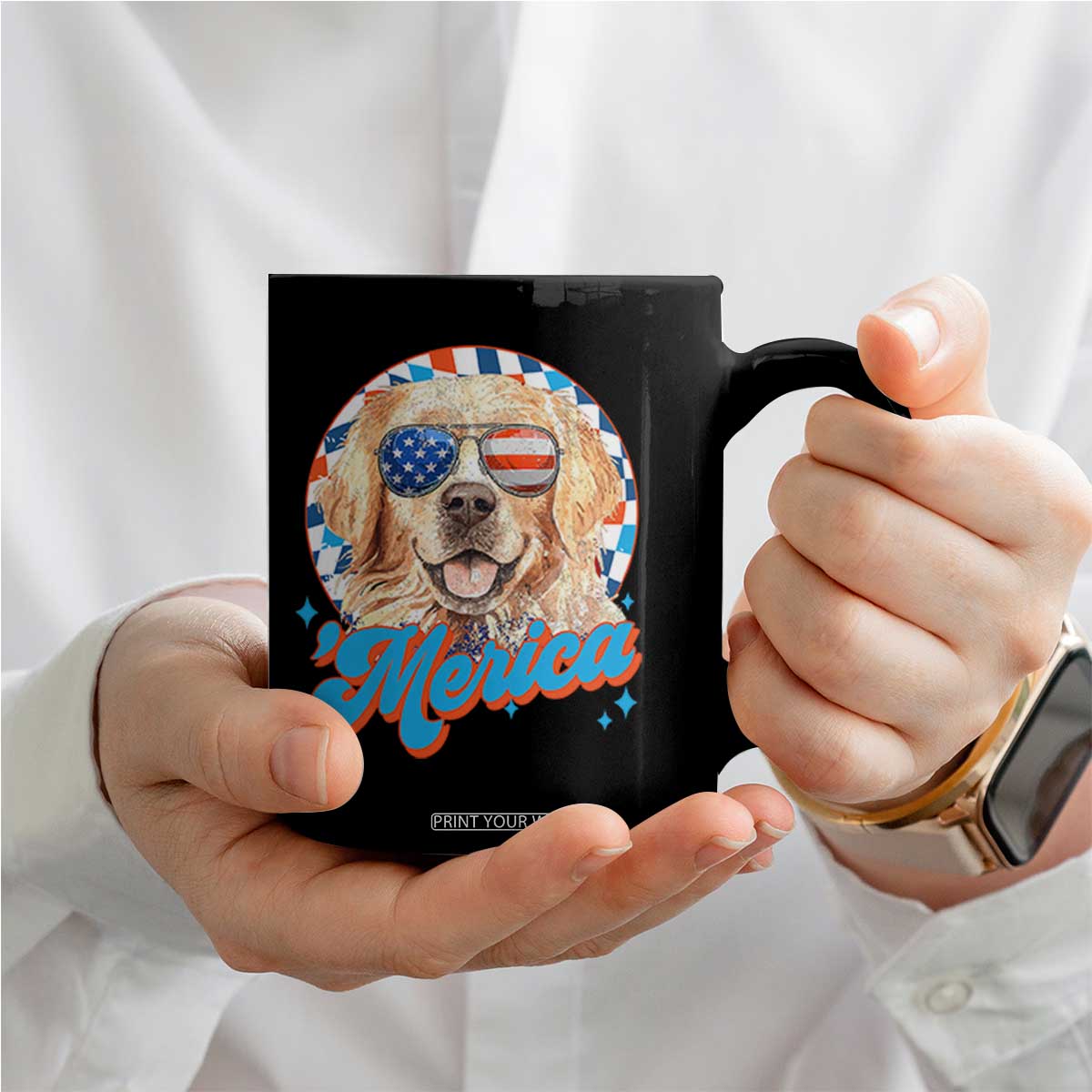 Funny Golden Retriever Merica Coffee Mug 4th of July Dog Mom Dad Patriotic USA Retro 90s TS10 Print Your Wear