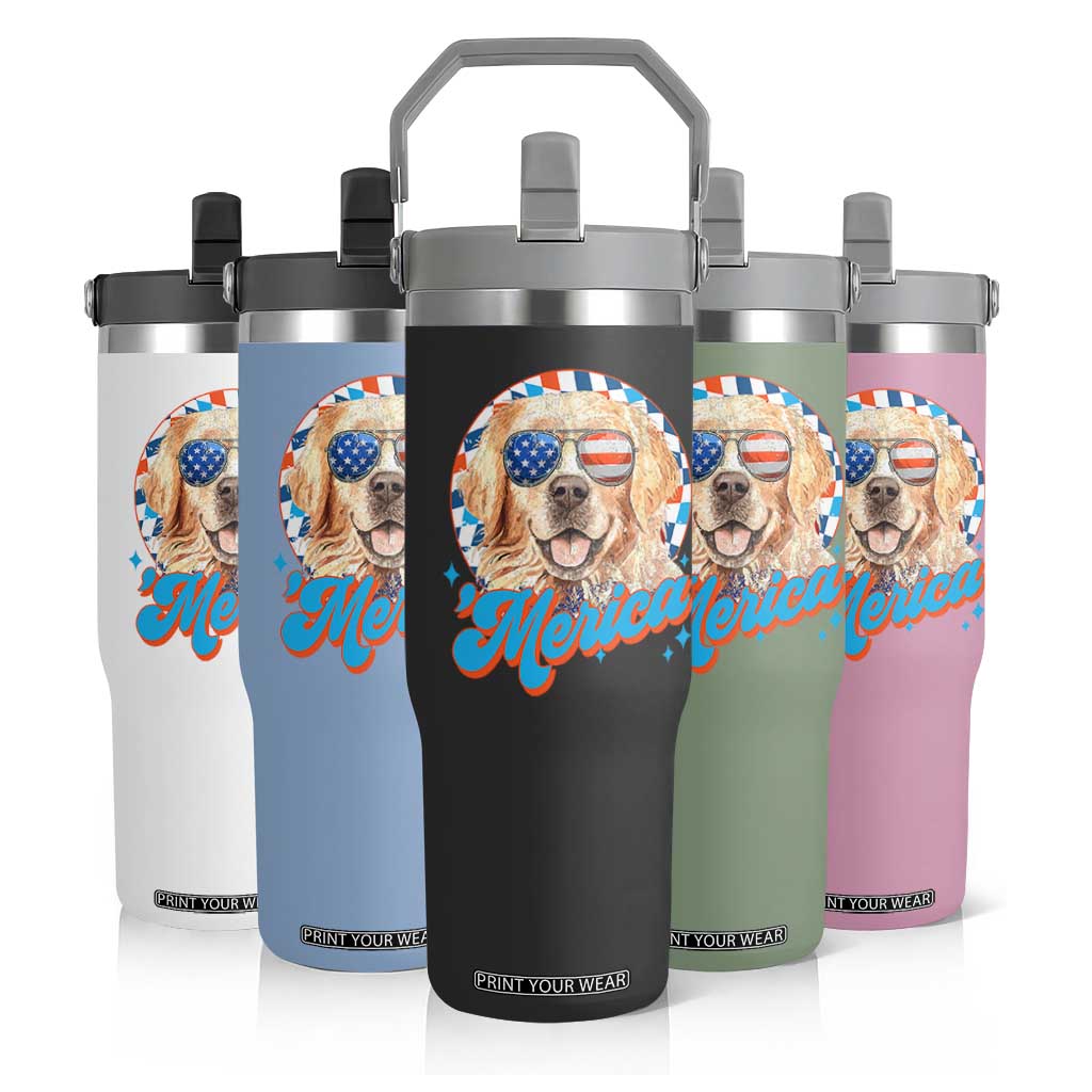 Funny Golden Retriever Merica Flip Straw Tumbler 4th of July Dog Mom Dad Patriotic USA Retro 90s TS10 Print Your Wear