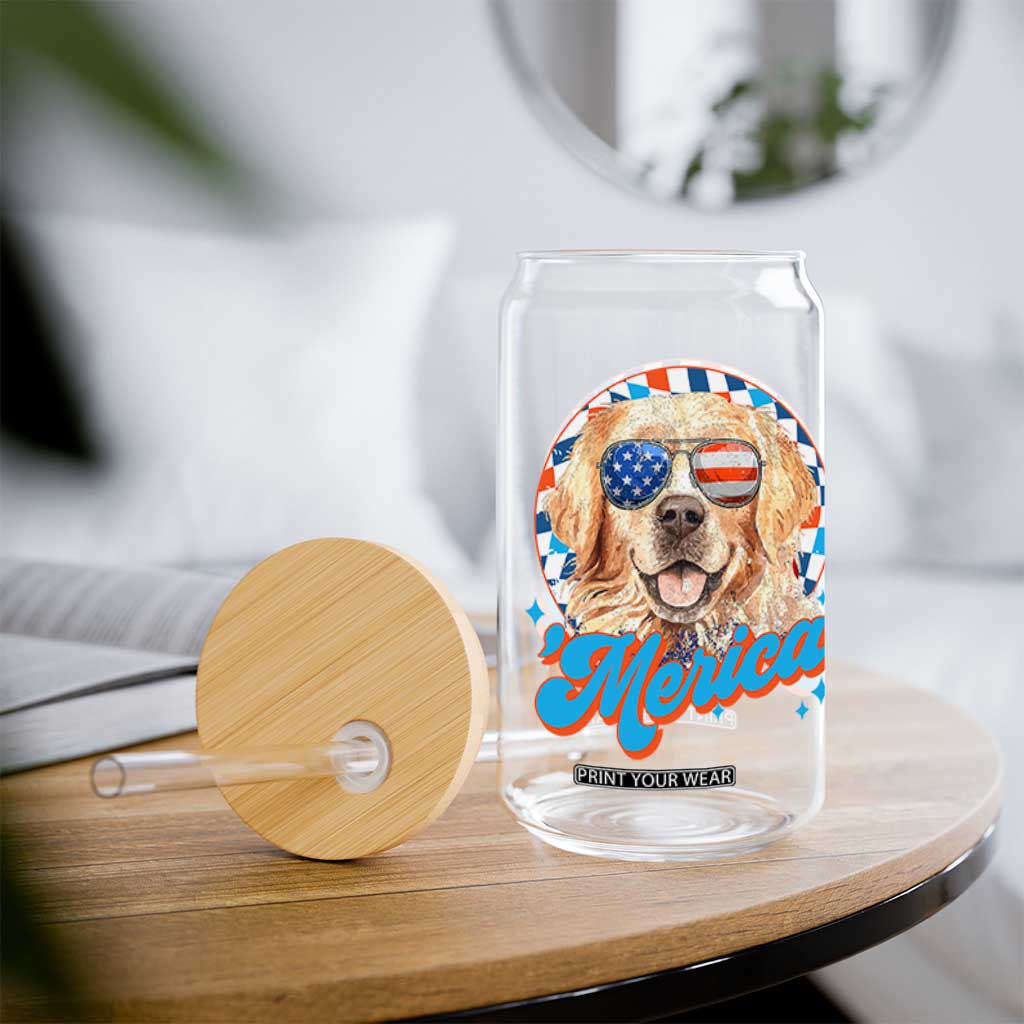 Funny Golden Retriever Merica Glass Can 4th of July Dog Mom Dad Patriotic USA Retro 90s TS10 Print Your Wear