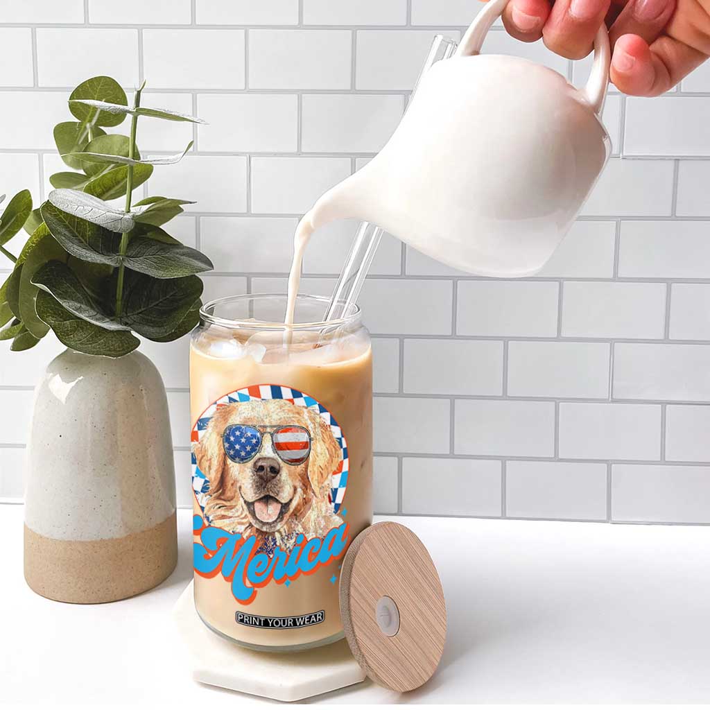 Funny Golden Retriever Merica Glass Can 4th of July Dog Mom Dad Patriotic USA Retro 90s TS10 Print Your Wear