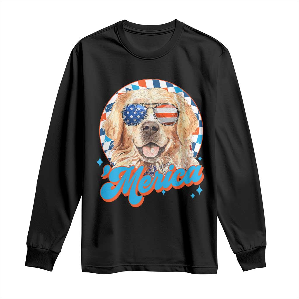 Funny Golden Retriever Merica Long Sleeve Shirt 4th of July Dog Mom Dad Patriotic USA Retro 90s TS10 Black Print Your Wear