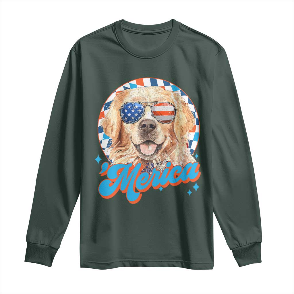 Funny Golden Retriever Merica Long Sleeve Shirt 4th of July Dog Mom Dad Patriotic USA Retro 90s TS10 Dark Forest Green Print Your Wear
