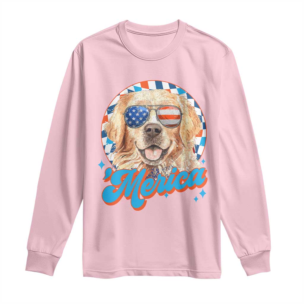 Funny Golden Retriever Merica Long Sleeve Shirt 4th of July Dog Mom Dad Patriotic USA Retro 90s TS10 Light Pink Print Your Wear