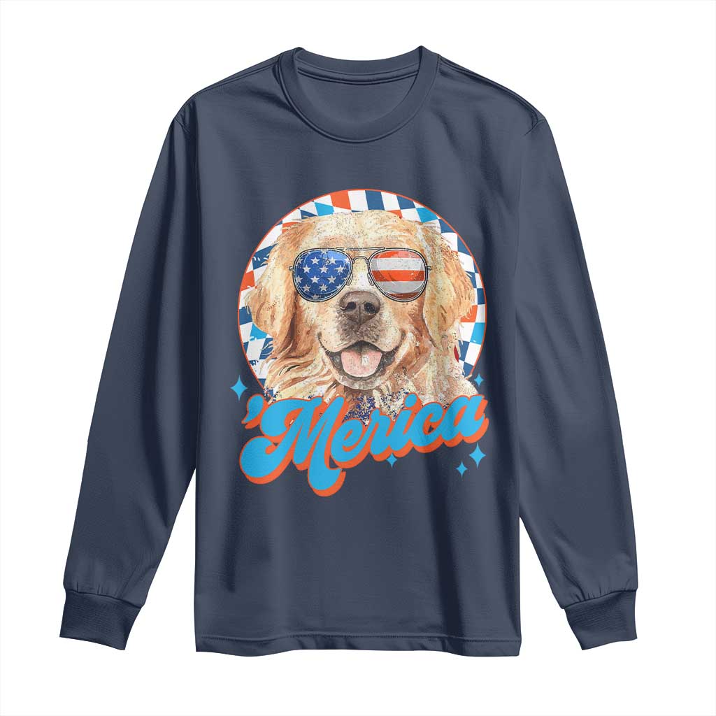 Funny Golden Retriever Merica Long Sleeve Shirt 4th of July Dog Mom Dad Patriotic USA Retro 90s TS10 Navy Print Your Wear