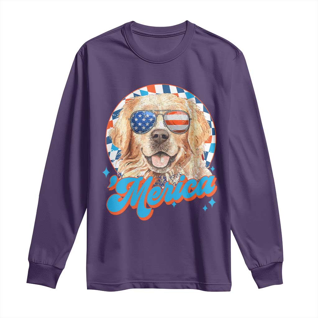 Funny Golden Retriever Merica Long Sleeve Shirt 4th of July Dog Mom Dad Patriotic USA Retro 90s TS10 Purple Print Your Wear