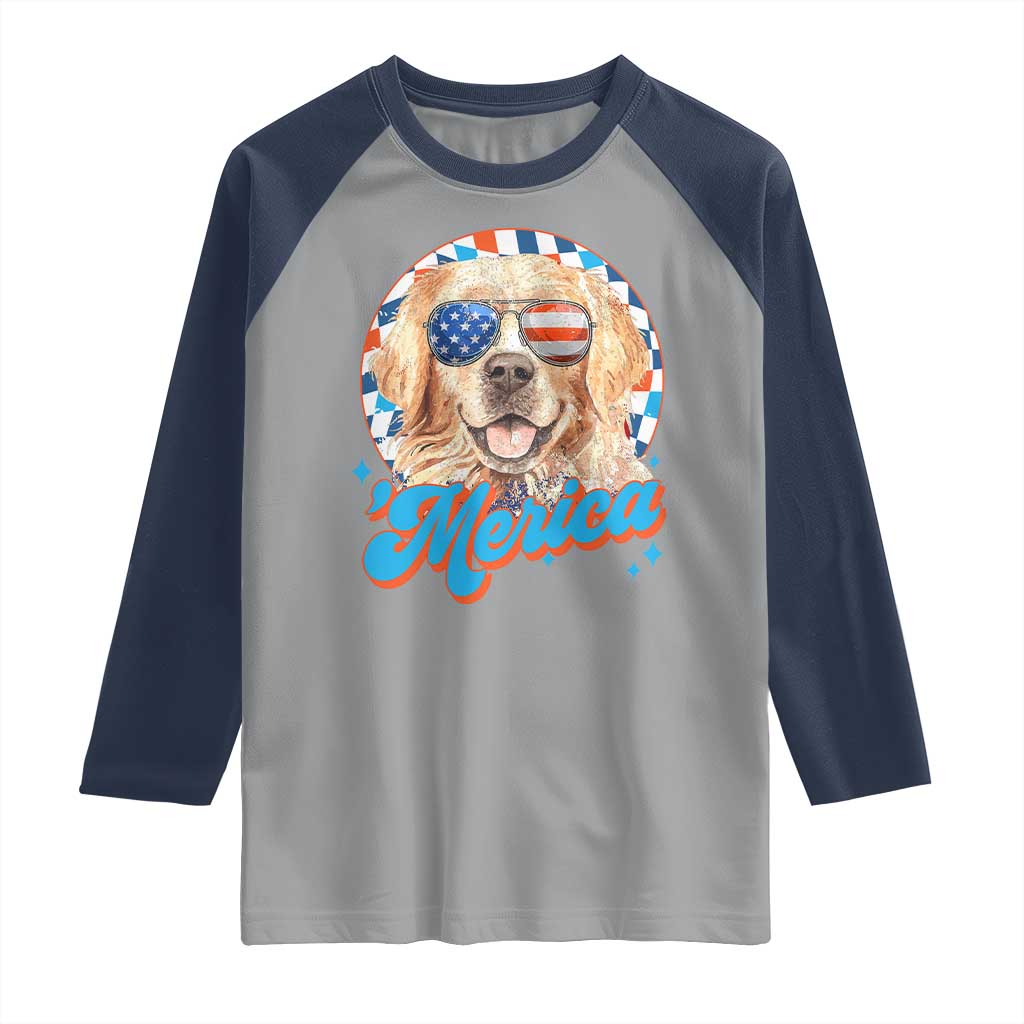 Funny Golden Retriever Merica Raglan Shirt 4th of July Dog Mom Dad Patriotic USA Retro 90s TS10 Sport Gray Navy Print Your Wear