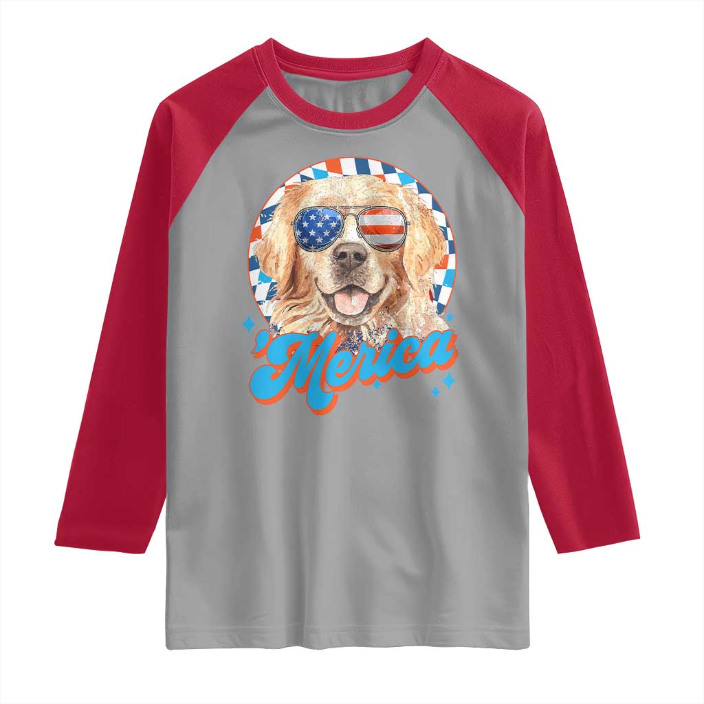 Funny Golden Retriever Merica Raglan Shirt 4th of July Dog Mom Dad Patriotic USA Retro 90s TS10 Sport Gray Red Print Your Wear
