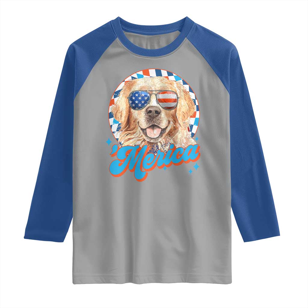 Funny Golden Retriever Merica Raglan Shirt 4th of July Dog Mom Dad Patriotic USA Retro 90s TS10 Sport Gray Royal Print Your Wear