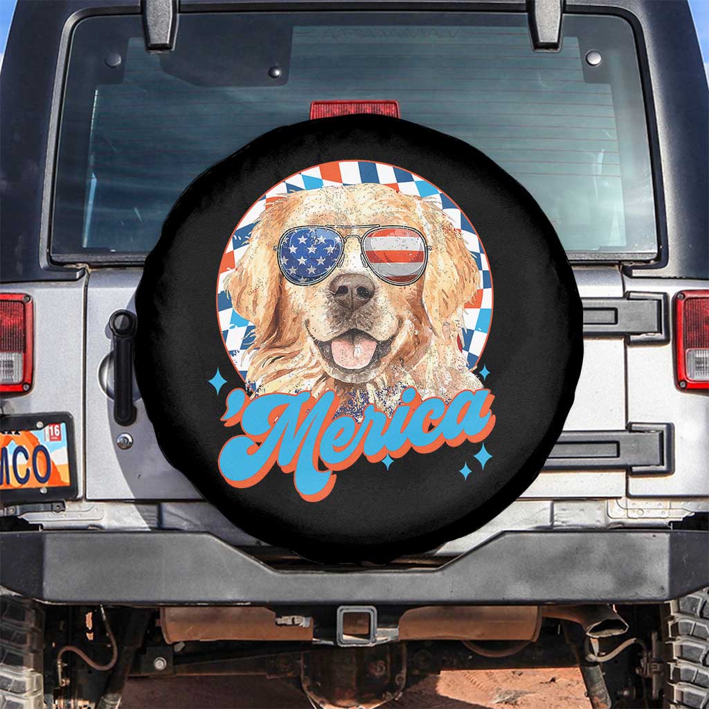 Funny Golden Retriever Merica Spare Tire Cover 4th of July Dog Mom Dad Patriotic USA Retro 90s TS10 No hole Black Print Your Wear