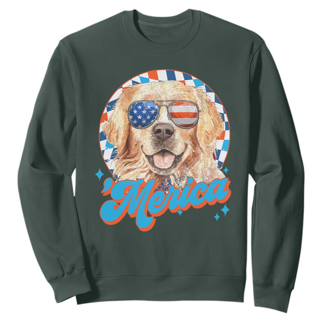 Funny Golden Retriever Merica Sweatshirt 4th of July Dog Mom Dad Patriotic USA Retro 90s TS10 Dark Forest Green Print Your Wear
