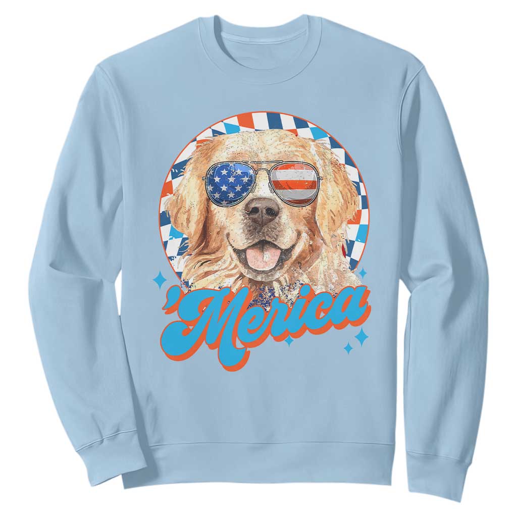 Funny Golden Retriever Merica Sweatshirt 4th of July Dog Mom Dad Patriotic USA Retro 90s TS10 Light Blue Print Your Wear