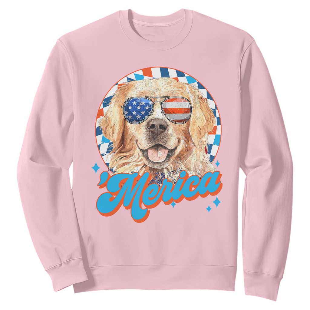 Funny Golden Retriever Merica Sweatshirt 4th of July Dog Mom Dad Patriotic USA Retro 90s TS10 Light Pink Print Your Wear