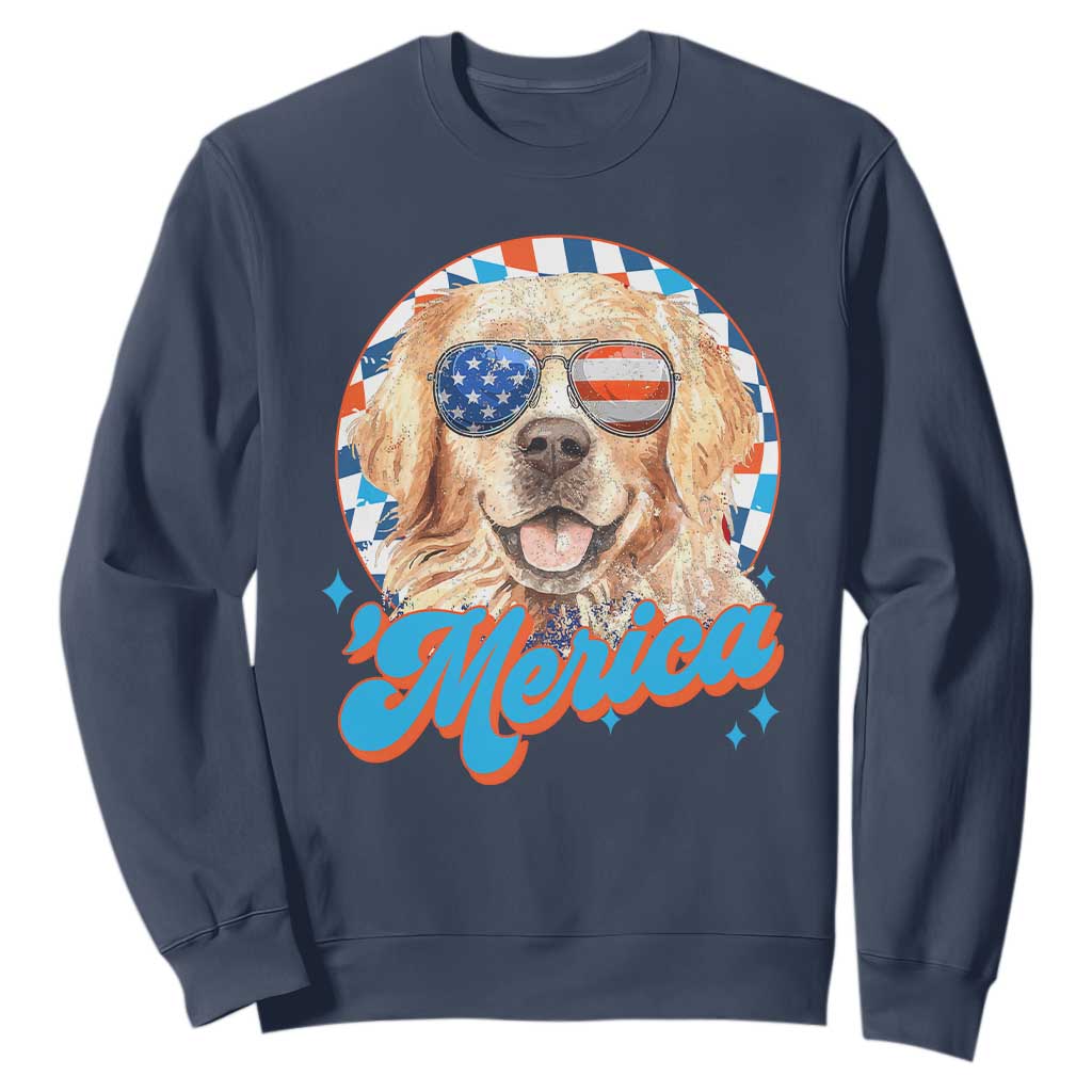 Funny Golden Retriever Merica Sweatshirt 4th of July Dog Mom Dad Patriotic USA Retro 90s TS10 Navy Print Your Wear