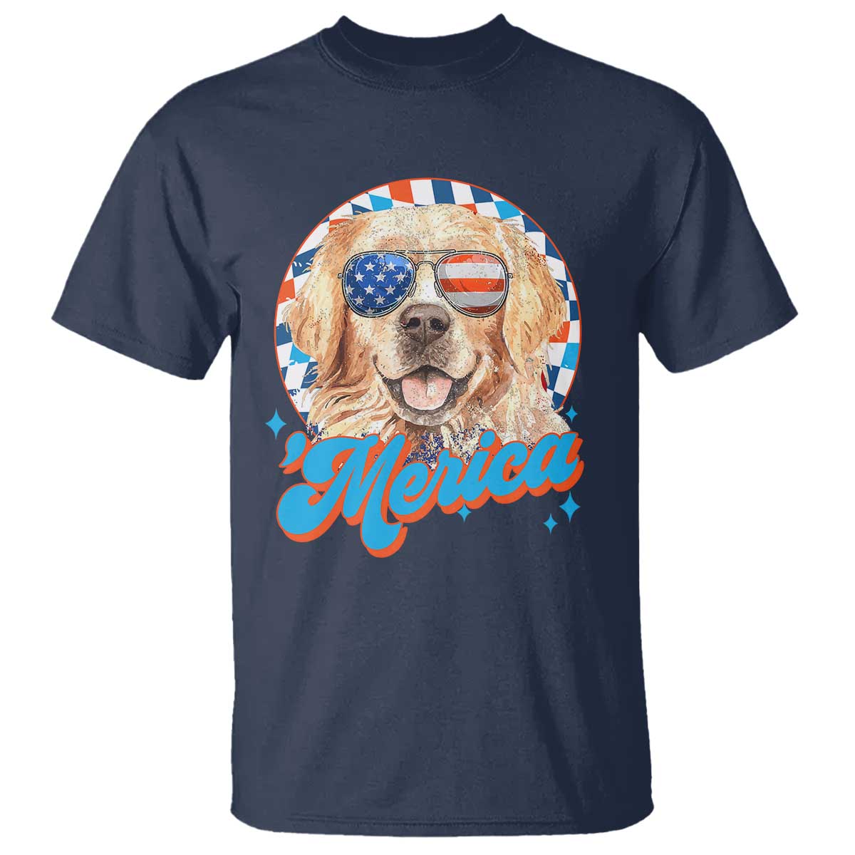 Funny Golden Retriever Merica T Shirt 4th of July Dog Mom Dad Patriotic USA Retro 90s TS10 Navy Print Your Wear