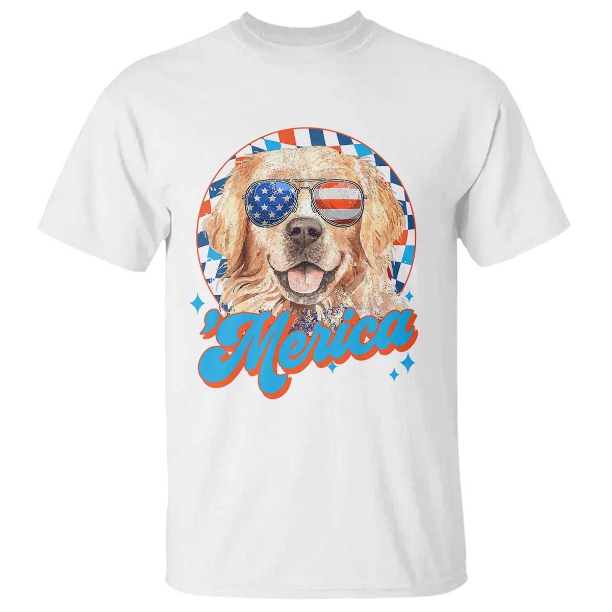 Funny Golden Retriever Merica T Shirt 4th of July Dog Mom Dad Patriotic USA Retro 90s TS10 White Print Your Wear
