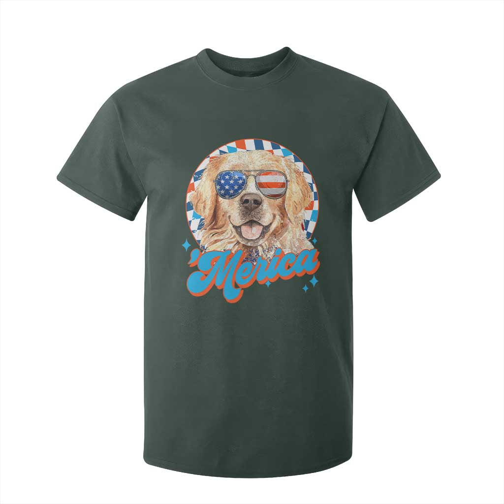 Funny Golden Retriever Merica T Shirt For Kid 4th of July Dog Mom Dad Patriotic USA Retro 90s TS10 Dark Forest Green Print Your Wear