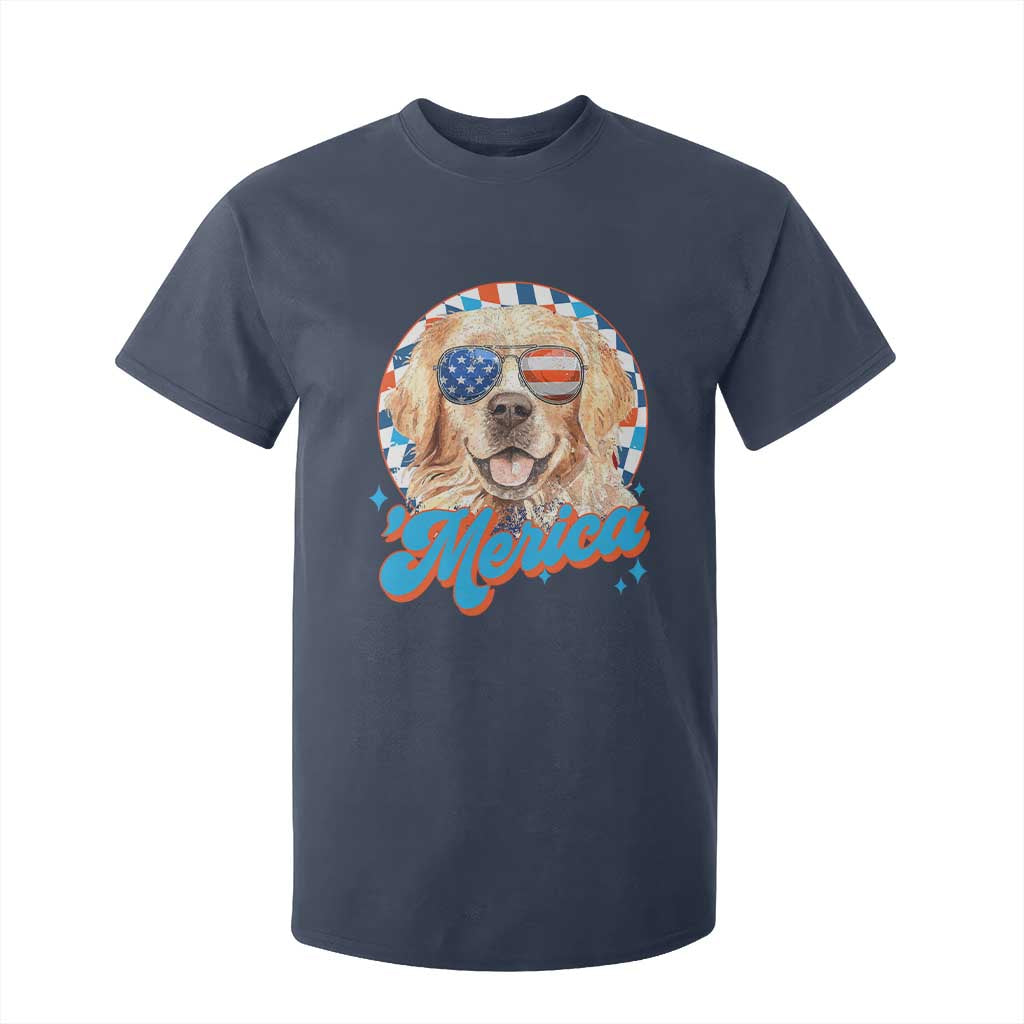 Funny Golden Retriever Merica T Shirt For Kid 4th of July Dog Mom Dad Patriotic USA Retro 90s TS10 Navy Print Your Wear