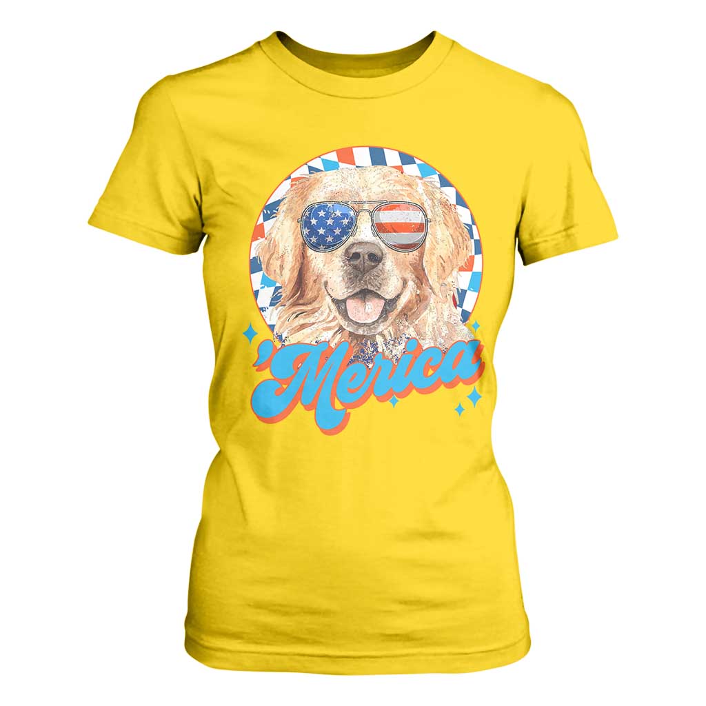 Funny Golden Retriever Merica T Shirt For Women 4th of July Dog Mom Dad Patriotic USA Retro 90s TS10 Daisy Print Your Wear