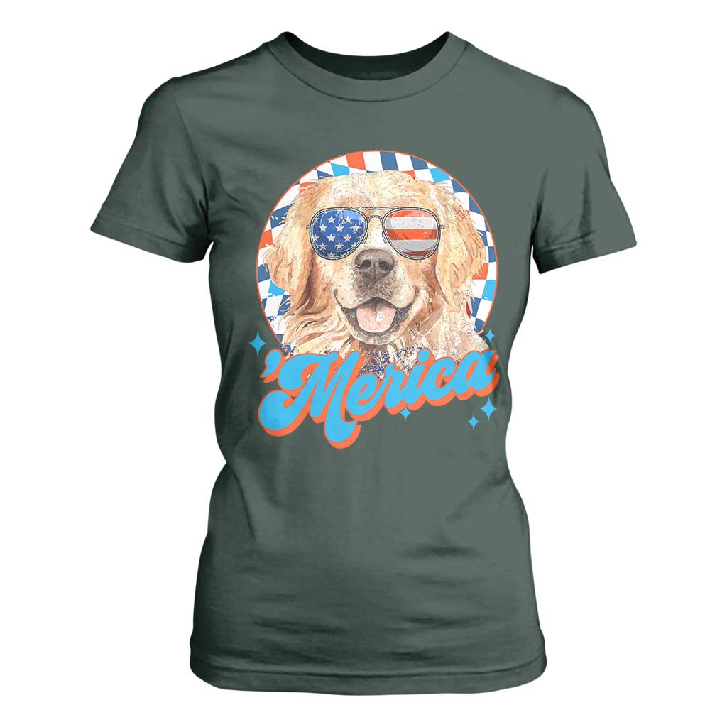 Funny Golden Retriever Merica T Shirt For Women 4th of July Dog Mom Dad Patriotic USA Retro 90s TS10 Dark Forest Green Print Your Wear