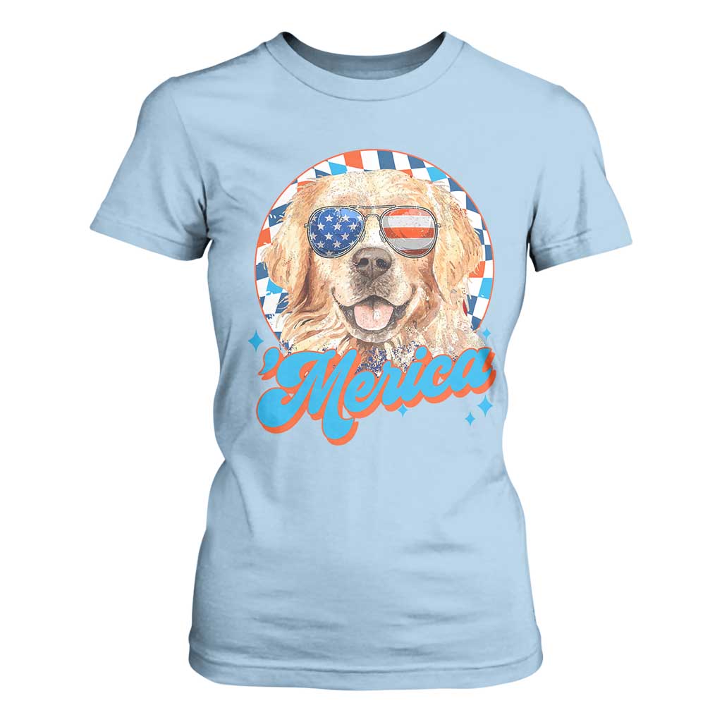 Funny Golden Retriever Merica T Shirt For Women 4th of July Dog Mom Dad Patriotic USA Retro 90s TS10 Light Blue Print Your Wear