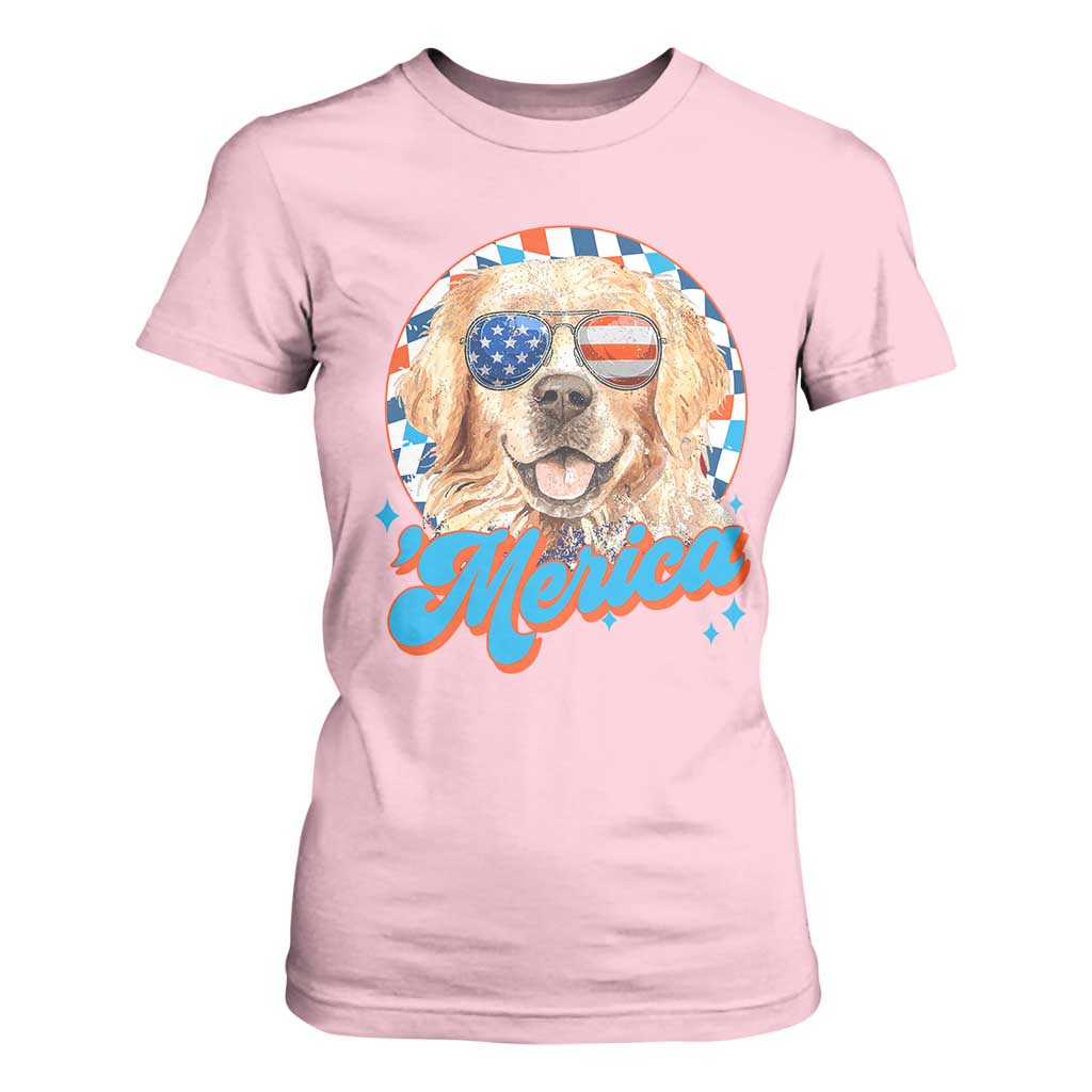 Funny Golden Retriever Merica T Shirt For Women 4th of July Dog Mom Dad Patriotic USA Retro 90s TS10 Light Pink Print Your Wear