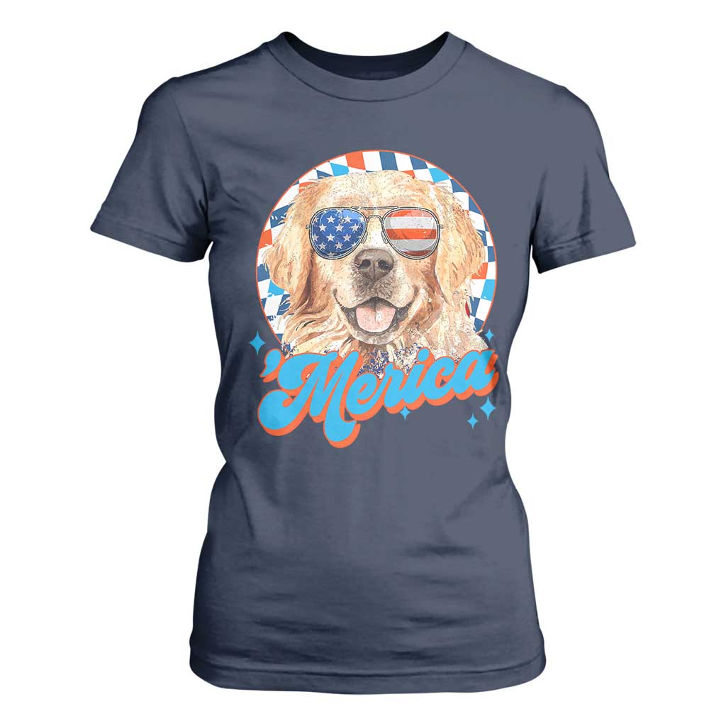 Funny Golden Retriever Merica T Shirt For Women 4th of July Dog Mom Dad Patriotic USA Retro 90s TS10 Navy Print Your Wear