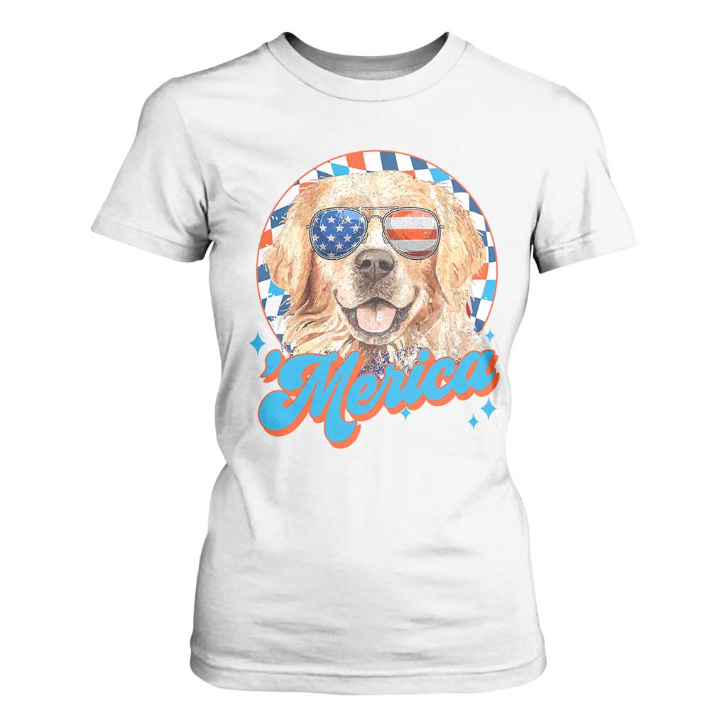 Funny Golden Retriever Merica T Shirt For Women 4th of July Dog Mom Dad Patriotic USA Retro 90s TS10 White Print Your Wear