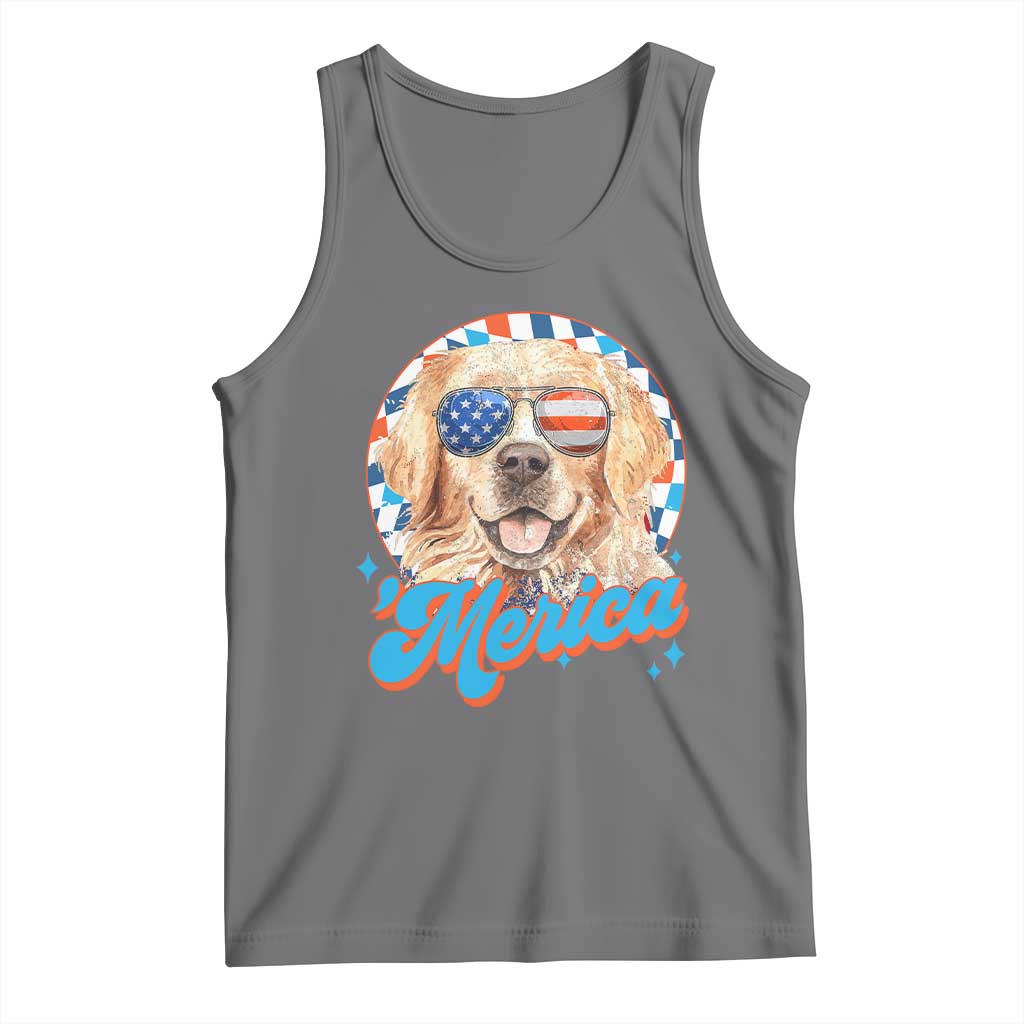 Funny Golden Retriever Merica Tank Top 4th of July Dog Mom Dad Patriotic USA Retro 90s TS10 Black Heather Print Your Wear