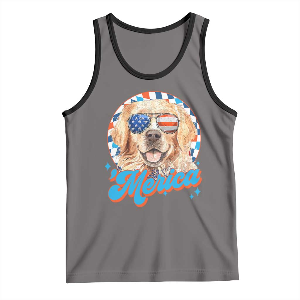 Funny Golden Retriever Merica Tank Top 4th of July Dog Mom Dad Patriotic USA Retro 90s TS10 Deep Heather Black Print Your Wear