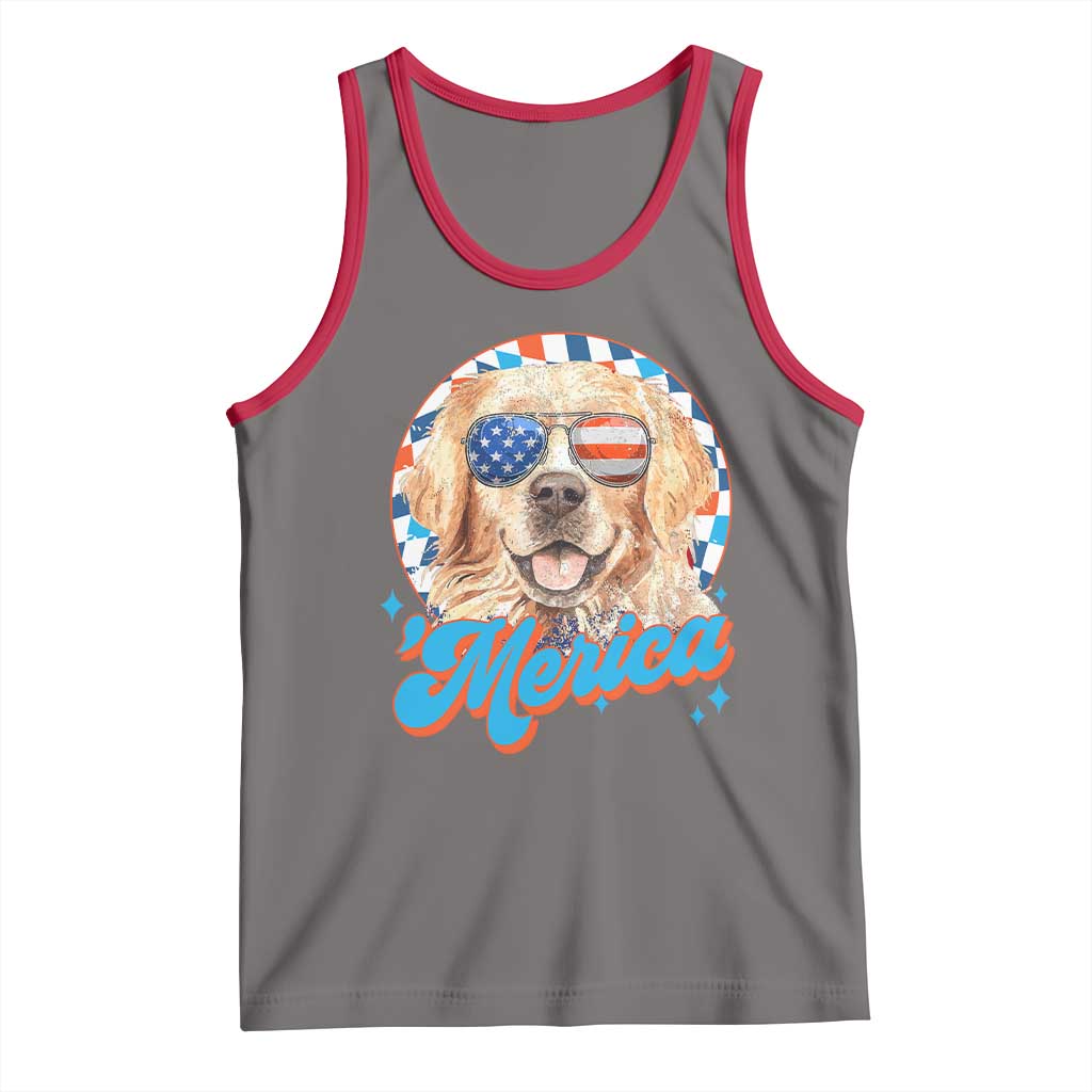 Funny Golden Retriever Merica Tank Top 4th of July Dog Mom Dad Patriotic USA Retro 90s TS10 Deep Heather Red Print Your Wear