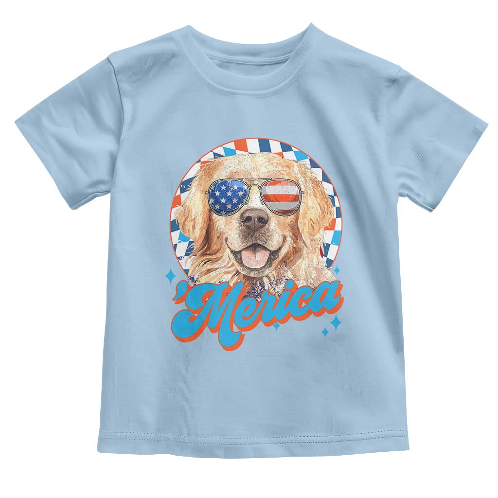 Funny Golden Retriever Merica Toddler T Shirt 4th of July Dog Mom Dad Patriotic USA Retro 90s TS10 Light Blue Print Your Wear