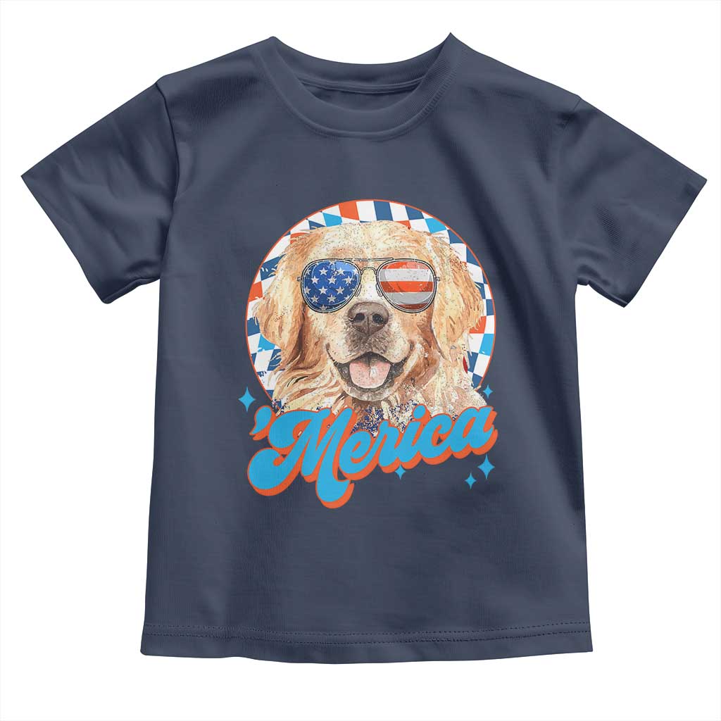 Funny Golden Retriever Merica Toddler T Shirt 4th of July Dog Mom Dad Patriotic USA Retro 90s TS10 Navy Print Your Wear