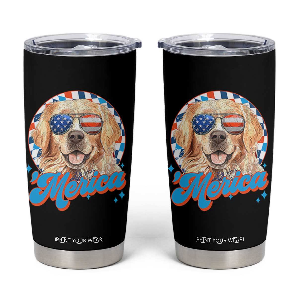 Funny Golden Retriever Merica Tumbler Cup 4th of July Dog Mom Dad Patriotic USA Retro 90s TS10 Black Print Your Wear