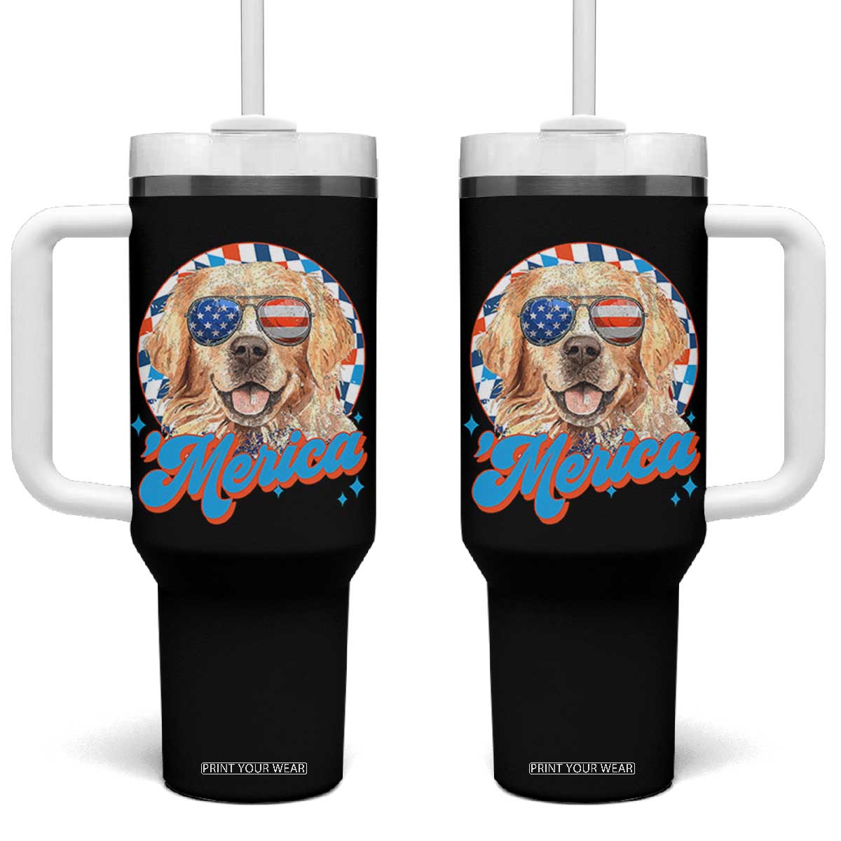 Funny Golden Retriever Merica Tumbler With Handle 4th of July Dog Mom Dad Patriotic USA Retro 90s TS10 One Size: 40 oz Black Print Your Wear