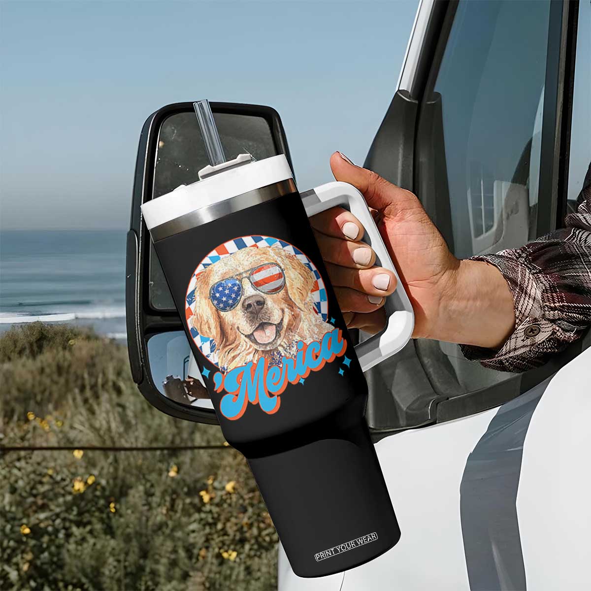 Funny Golden Retriever Merica Tumbler With Handle 4th of July Dog Mom Dad Patriotic USA Retro 90s TS10 Print Your Wear