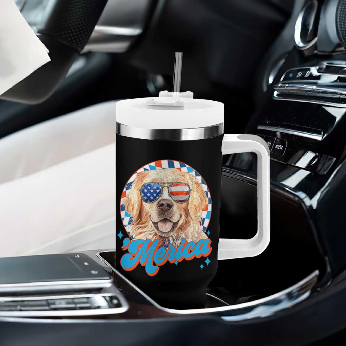 Funny Golden Retriever Merica Tumbler With Handle 4th of July Dog Mom Dad Patriotic USA Retro 90s TS10 Print Your Wear
