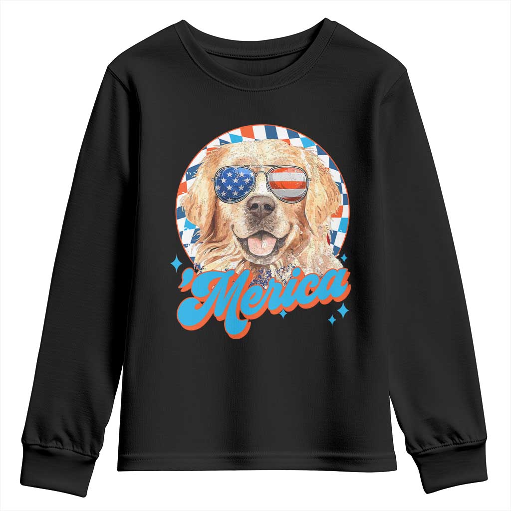 Funny Golden Retriever Merica Youth Sweatshirt 4th of July Dog Mom Dad Patriotic USA Retro 90s TS10 Black Print Your Wear