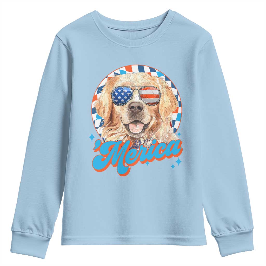 Funny Golden Retriever Merica Youth Sweatshirt 4th of July Dog Mom Dad Patriotic USA Retro 90s TS10 Light Blue Print Your Wear