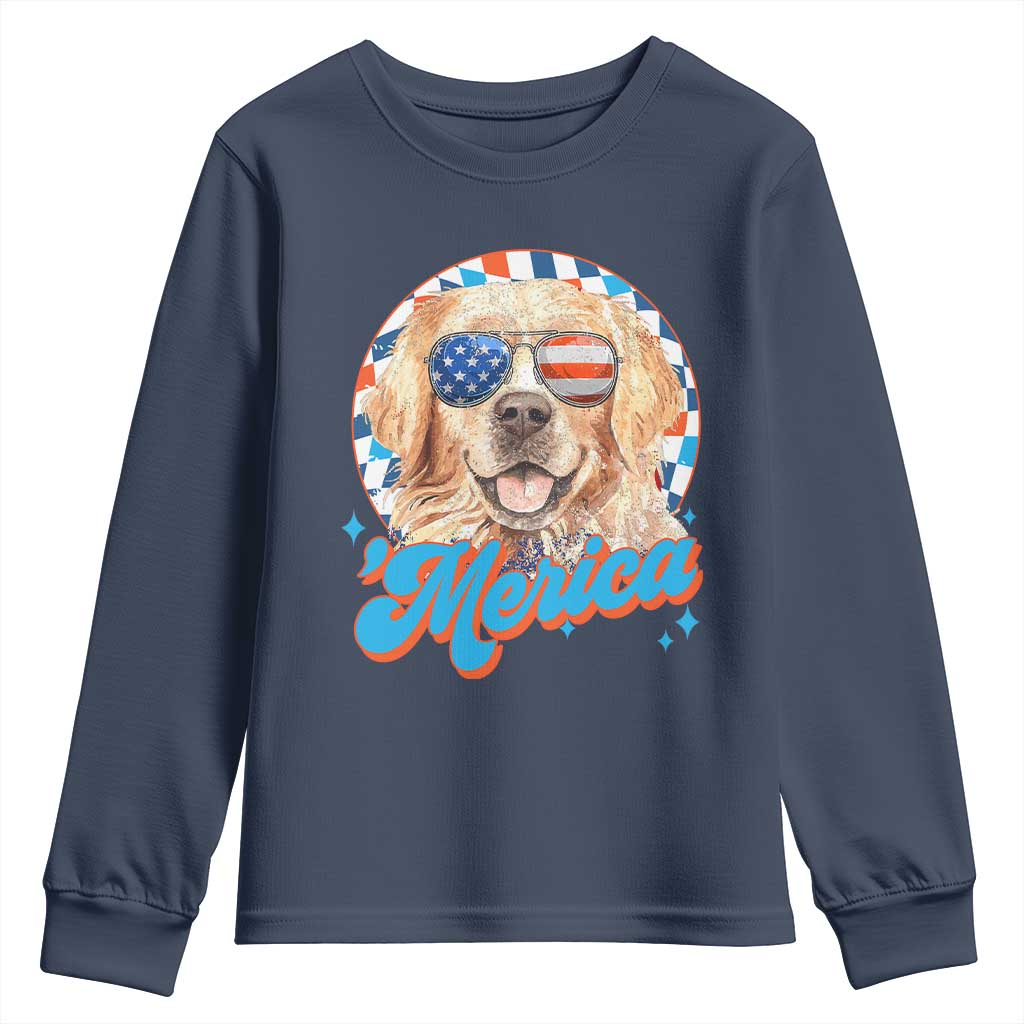 Funny Golden Retriever Merica Youth Sweatshirt 4th of July Dog Mom Dad Patriotic USA Retro 90s TS10 Navy Print Your Wear